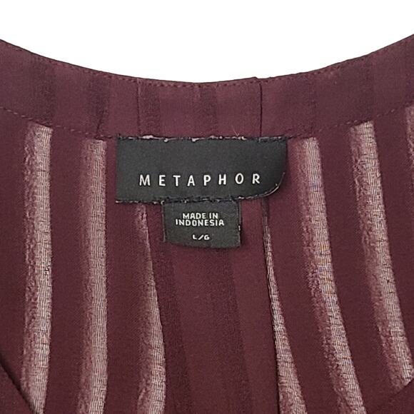 Metaphor Burgundy red semi sheer button down vertical stripe top large - Picture 7 of 10